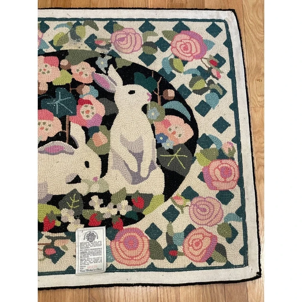 Vintage Claire Murray Bunny Rabbit Strawberry Garden Wool Rug 37 x 31 Lattice